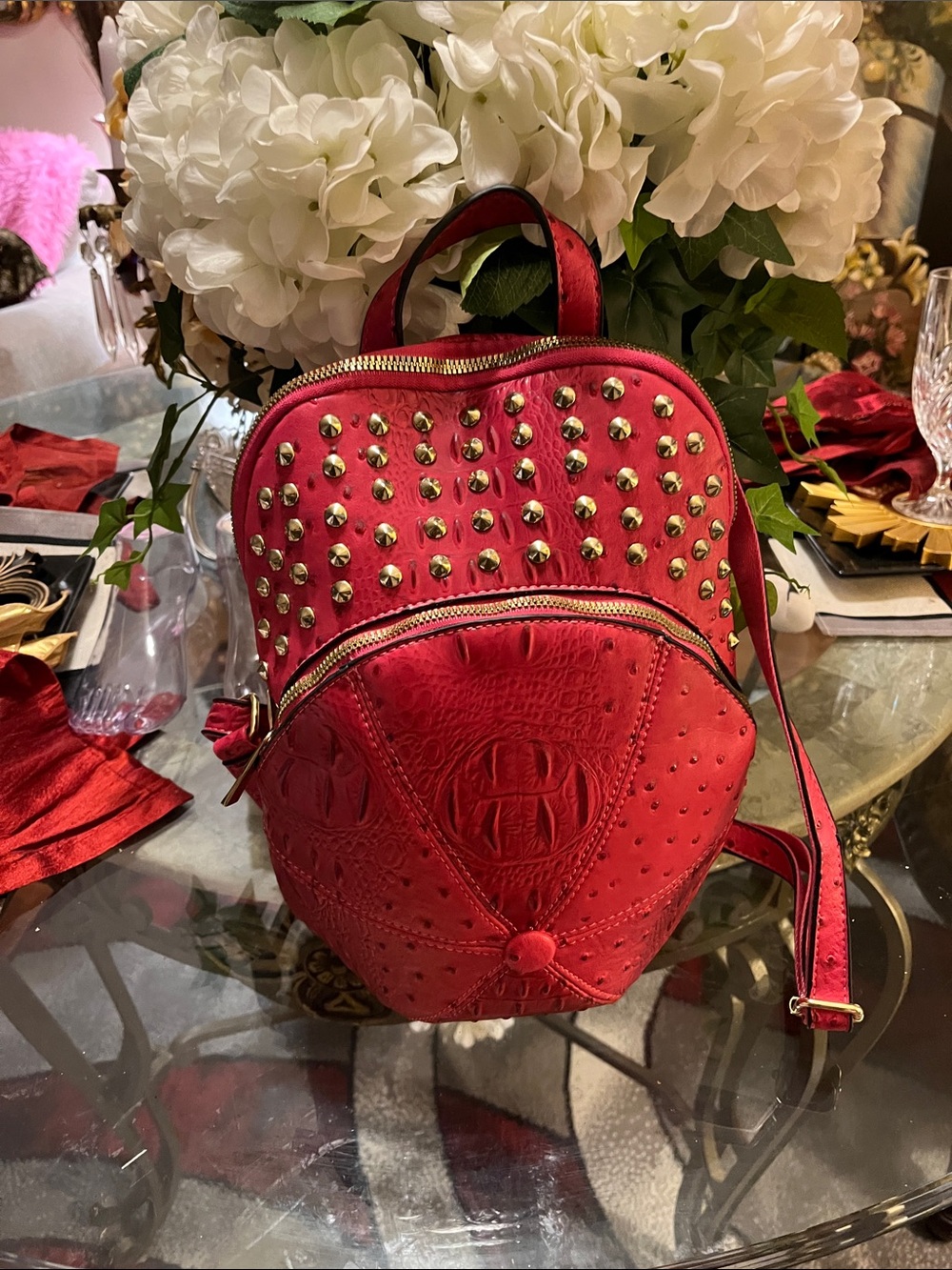 🎒Awesome 🔥Red Studded Baseball shape Croc Backpack 🎒